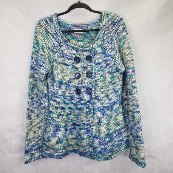 Anthropologie SLEEPING ON SNOW Cardigan Women's L Chunky Wool Blue Marled Button - Picture 1 of 15